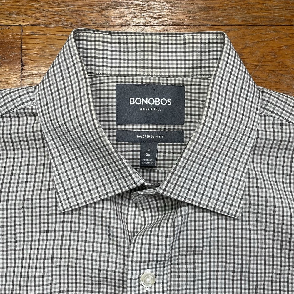 Bonobos Mens Button Up Shirt 16/34 Gray/Green Plaid‎ Check Wrinkle Free Slim Fit